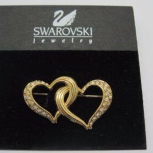 FLASH SALE Swarovski Swan Signed Goldtone & Clear Crystal Double Heart Brooch